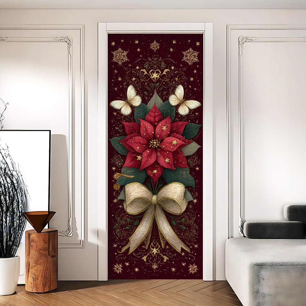 Elegant Poinsettia Door Mural Peel and Stick - Red Floral Holiday Door Covers Decorative with Golden Bow & Stars, Self-Adhesive Sticker for Door, 30.31 x 78.74 Inch