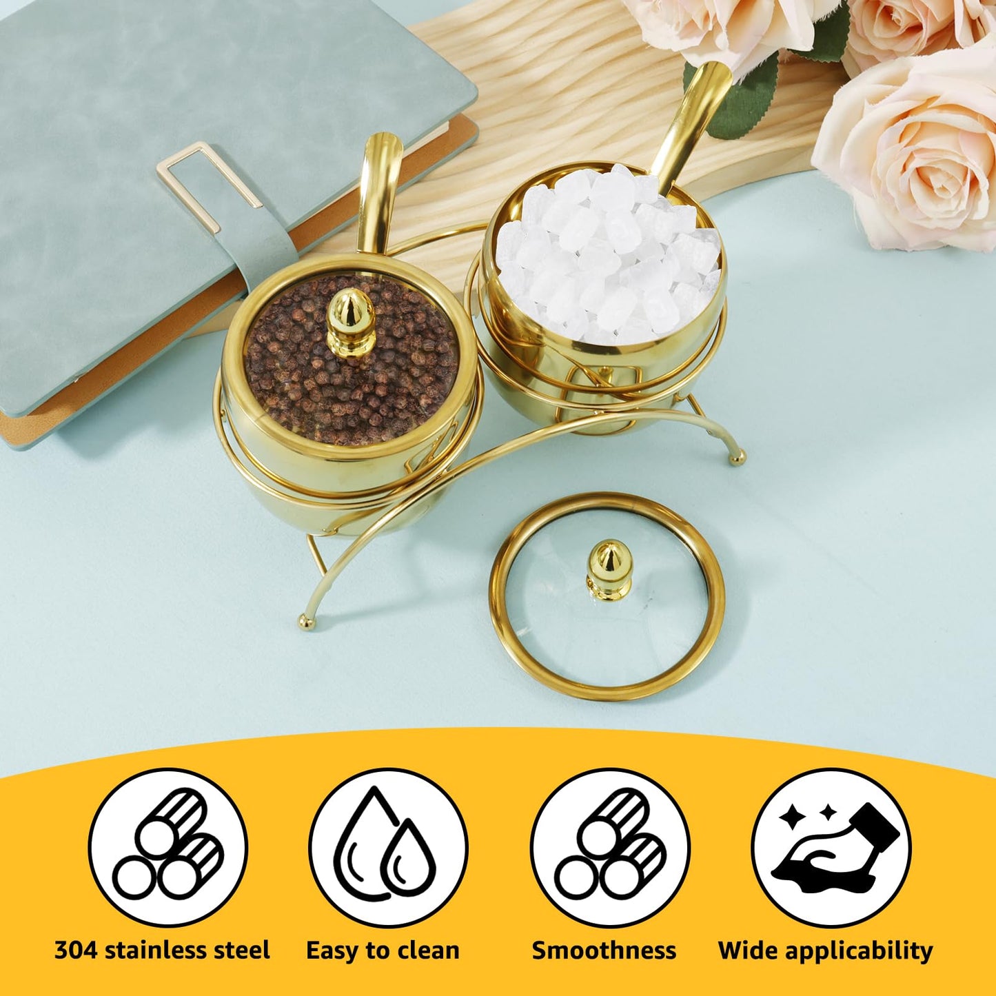 Luxury Gold Sugar Bowl Set with Spoons, 3-Piece Retro 304 Stainless Steel Seasoning Box for Coffee Bar Decor, Elegant Condiment Pots with Clear Glass Lid & Serving Tray for Salt, Candy, Cube Sugar