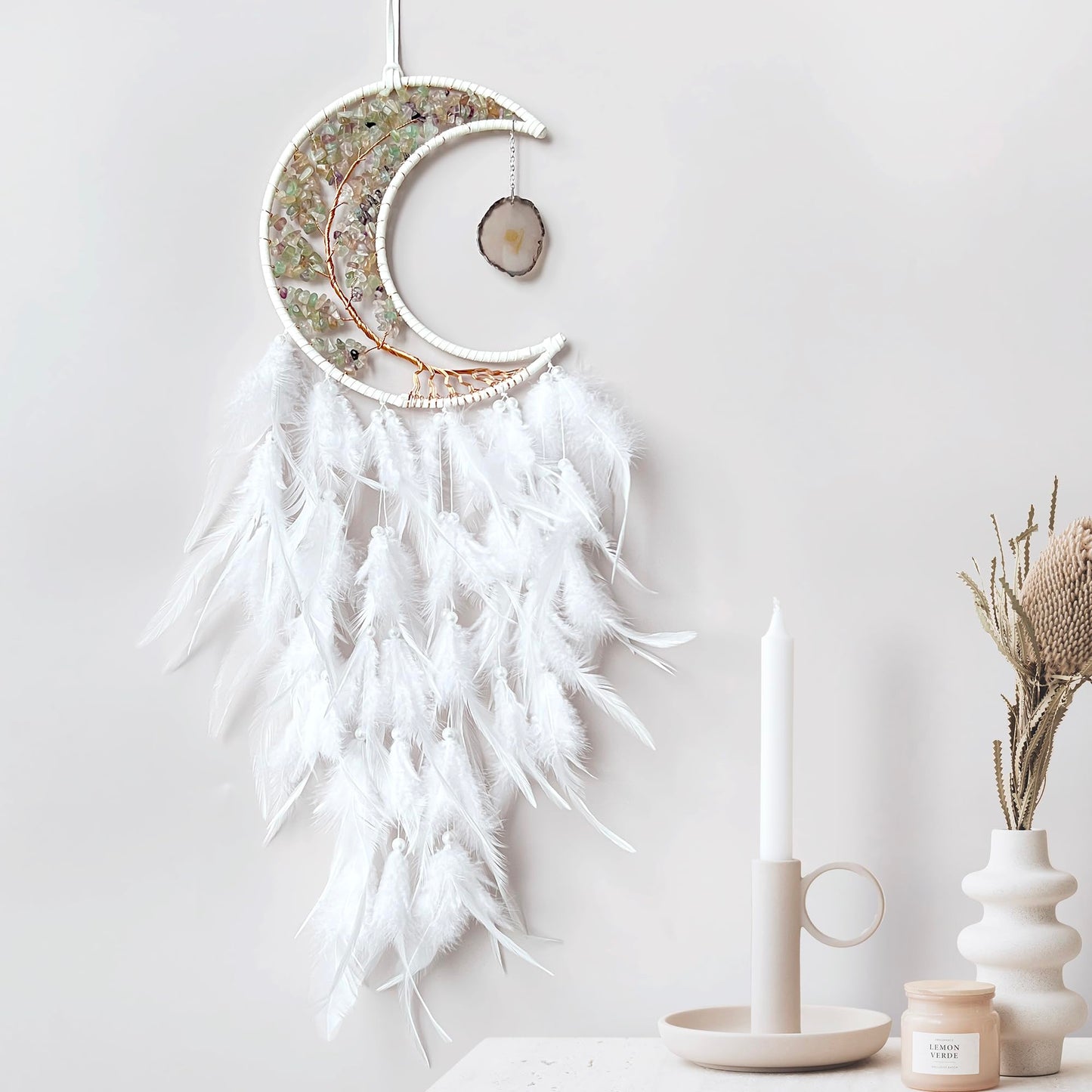 Moon Dream Catchers with Chakra Gemstone Agate Stone, Crystal Tree Life Dream Catchers Wall Hangings Room Decor (White)