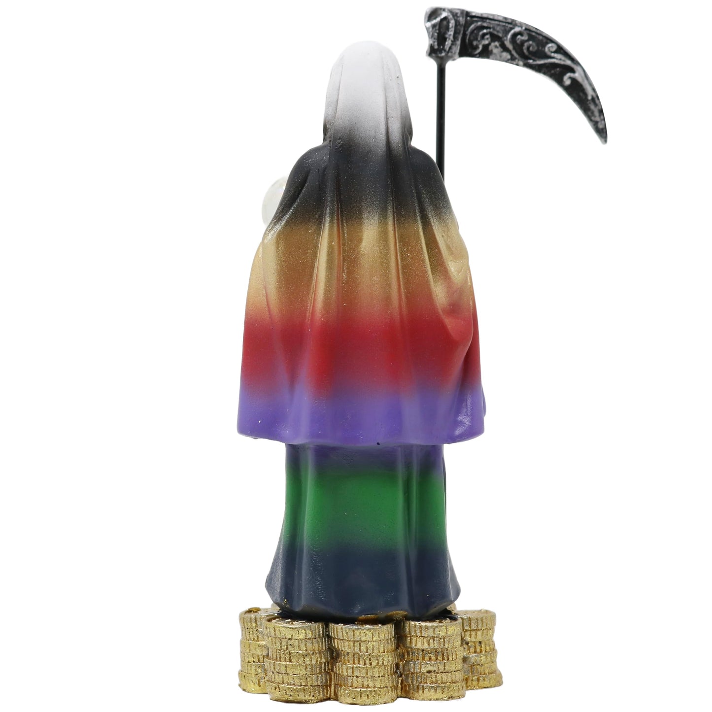 Cannan Coin Base 5" Holy Death Grim Reaper Skull Skeleton Seven Colors Tunic Holding Scythe Globe with Owl Statue Santa Muerte 7 Potencias