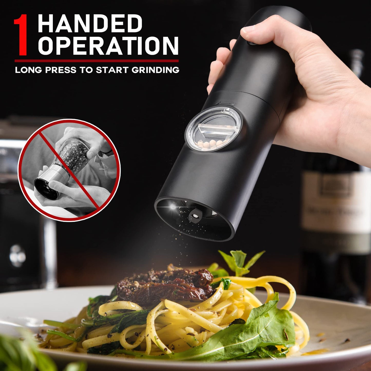 Electric Salt and Pepper Grinder Set of 2, Automatic Pepper Mill,USB Rechargeable, Adjustable Coarseness, One-handed Operation, Ceramic Burr,Refillable, Auto Grinders with Charging Base LED Light
