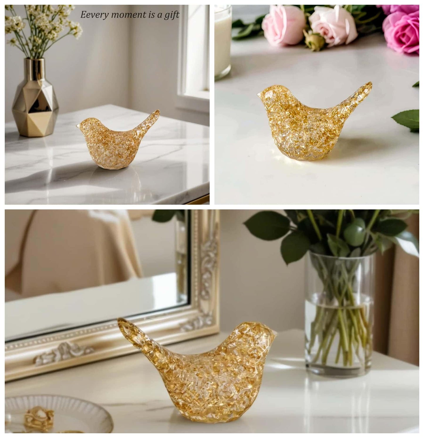 JWT Astyle Goldfoil Glitter Bird Figurines Staue Minimalist Home Decor Accents,Hammered Sculpture Gifts for Bird Lovers,Knick Knacks for Shelves Bookshelf Office