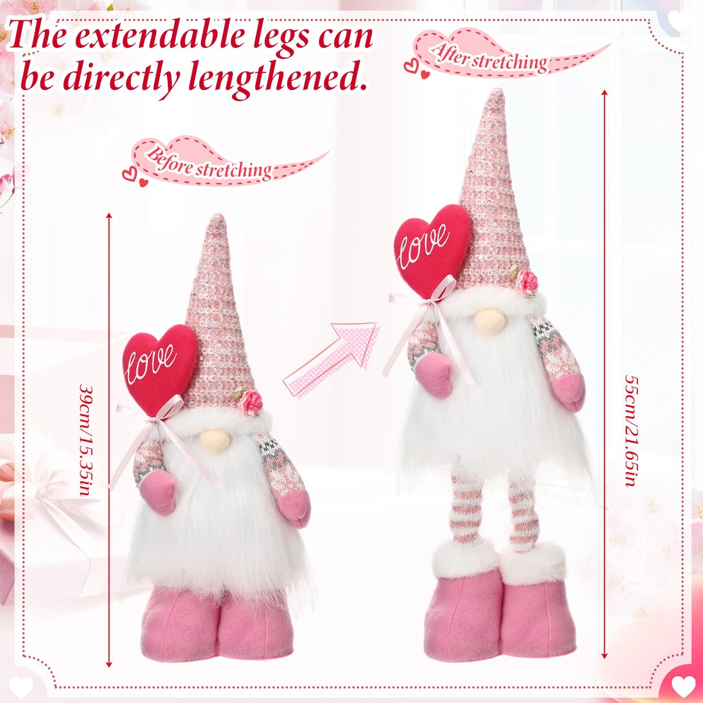 Sumind 3 Pcs Valentines Day Gnome Decorations Valentines Gnome Plush with Hearts Pink Handmade Gifts with Long Legs Table Tired Tray Decor Romantic Date Engagement Gift for Her Him