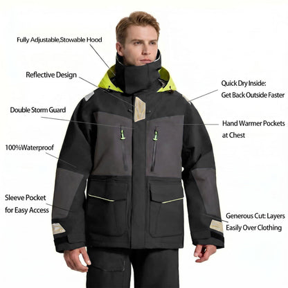 Men's Ocean Sailing Suit Offshore Sailing Jacket & Bib Pants Combi Clothes Set - Hi-Vis Wet Weather Gear Hips & Knees Patches (Black, Large)