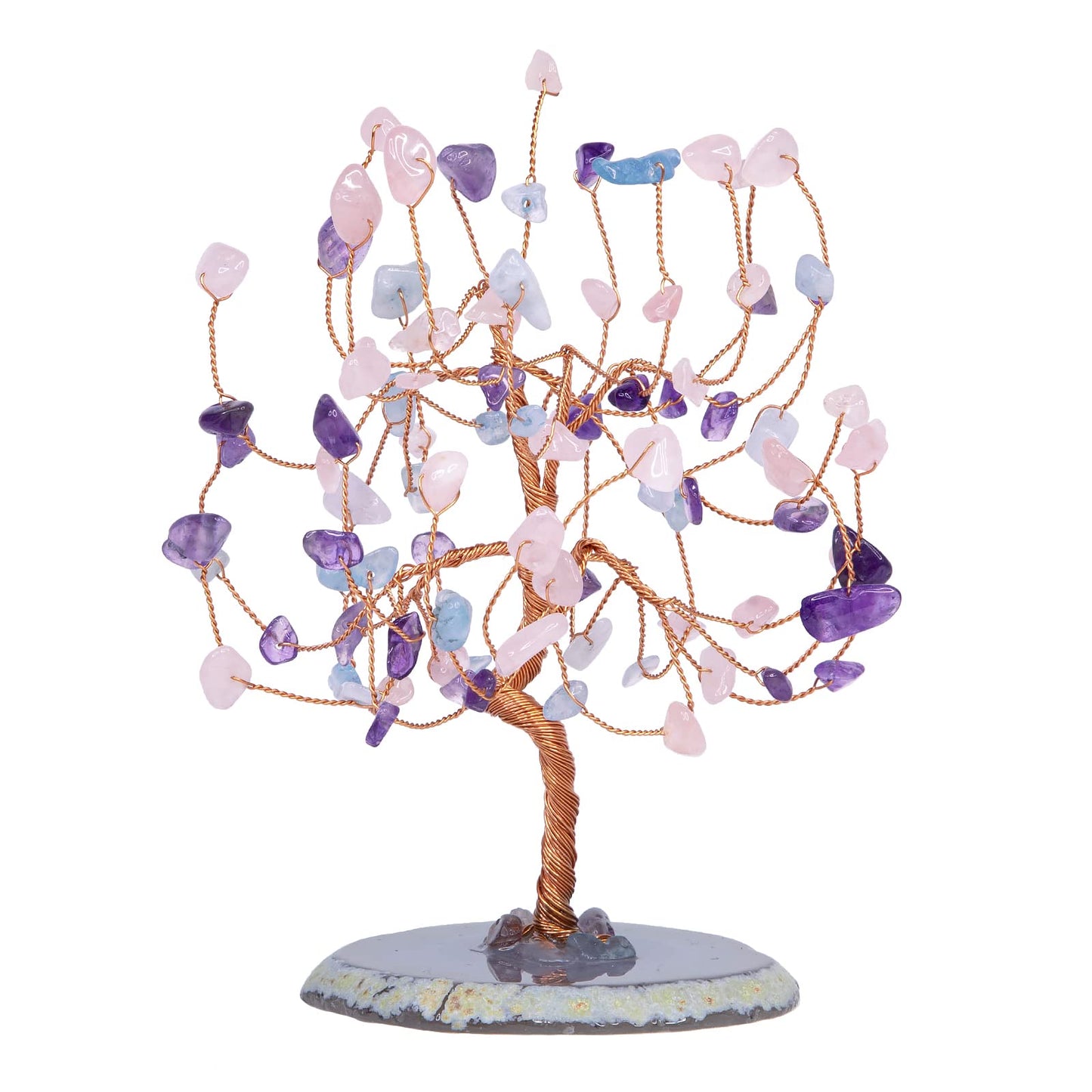 mookaitedecor Amethyst/Rose Quartz/Aquamarine Crystal Tree Tumbled Stones, Geode Agate Slices Base Money Tree Decoration for Wealth and Luck 5.7"-6.7"