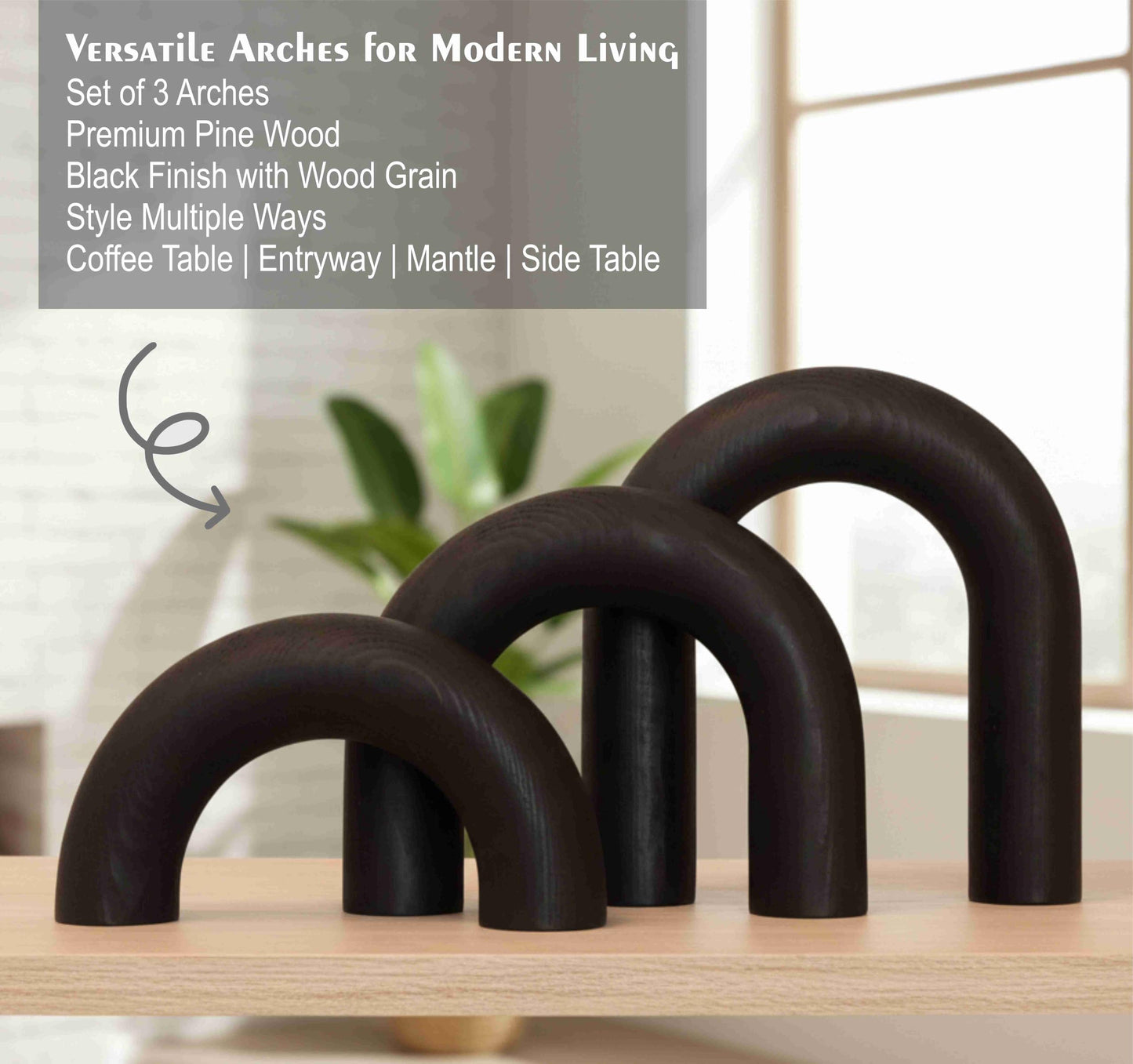 ANONYO 3Pcs Wooden Arches Decorative Object for Coffee Table Boho Shelf Decor Arch Design for japandi Home Aesthetic Shelf Neutral Home Accents (Black Stain)