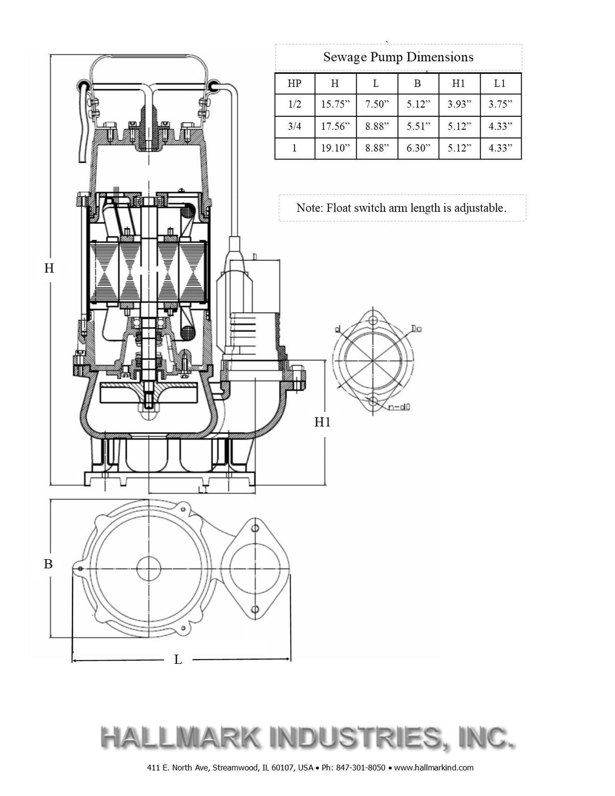Hallmark Industries MA0387X-9 Sewage Pump with Float Switch, 1 HP, 115V, 7,250 GPH Max, 49 ft Lift, Stainless Steel