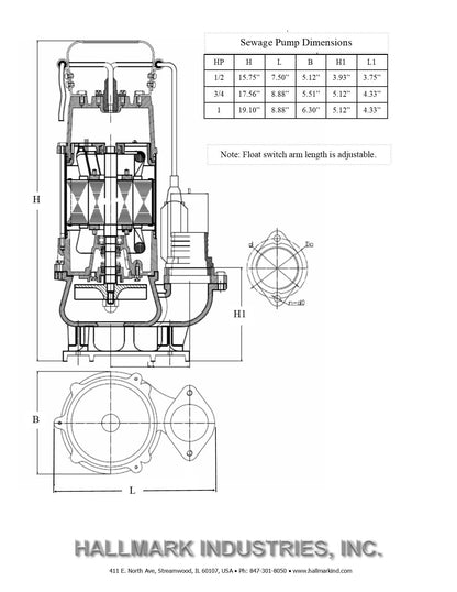 Hallmark Industries MA0387X-9 Sewage Pump with Float Switch, 1 HP, 115V, 7,250 GPH Max, 49 ft Lift, Stainless Steel