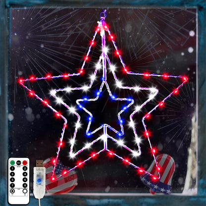 4th of July Patriotic Decorations, Red White and Blue Memorial Day Decor Star Lights, Timer 14.2In Iron Frame 70Led Fairy Star Lights, 8 Mode with Remote Window Wall Silhouette for Home