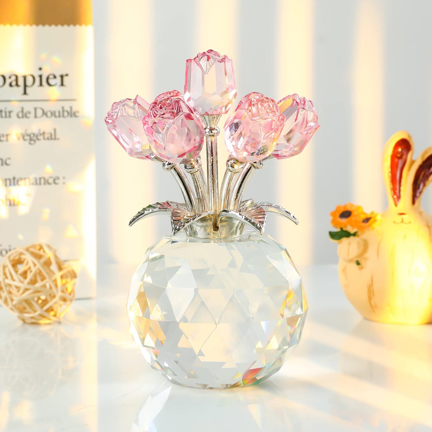 Movdyka Pink Rose Flower Crystal Figurine with Vase, Bouquet Flowers Ornament Gifts for Wife Girlfriend Women, Handmade Crystal Flower Collectible Home Table Decor for Wedding Anniversary