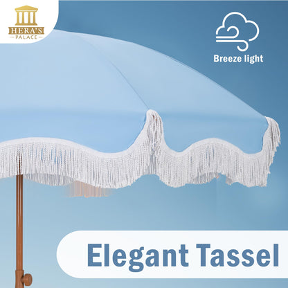 HERA'S PALACE 7 ft Heavy Duty Beach Umbrella with Sand Anchor, Fringe Umbrella for Sand, UV 50+, Patio Umbrella with Tilt Pole for Garden Pool Backyard