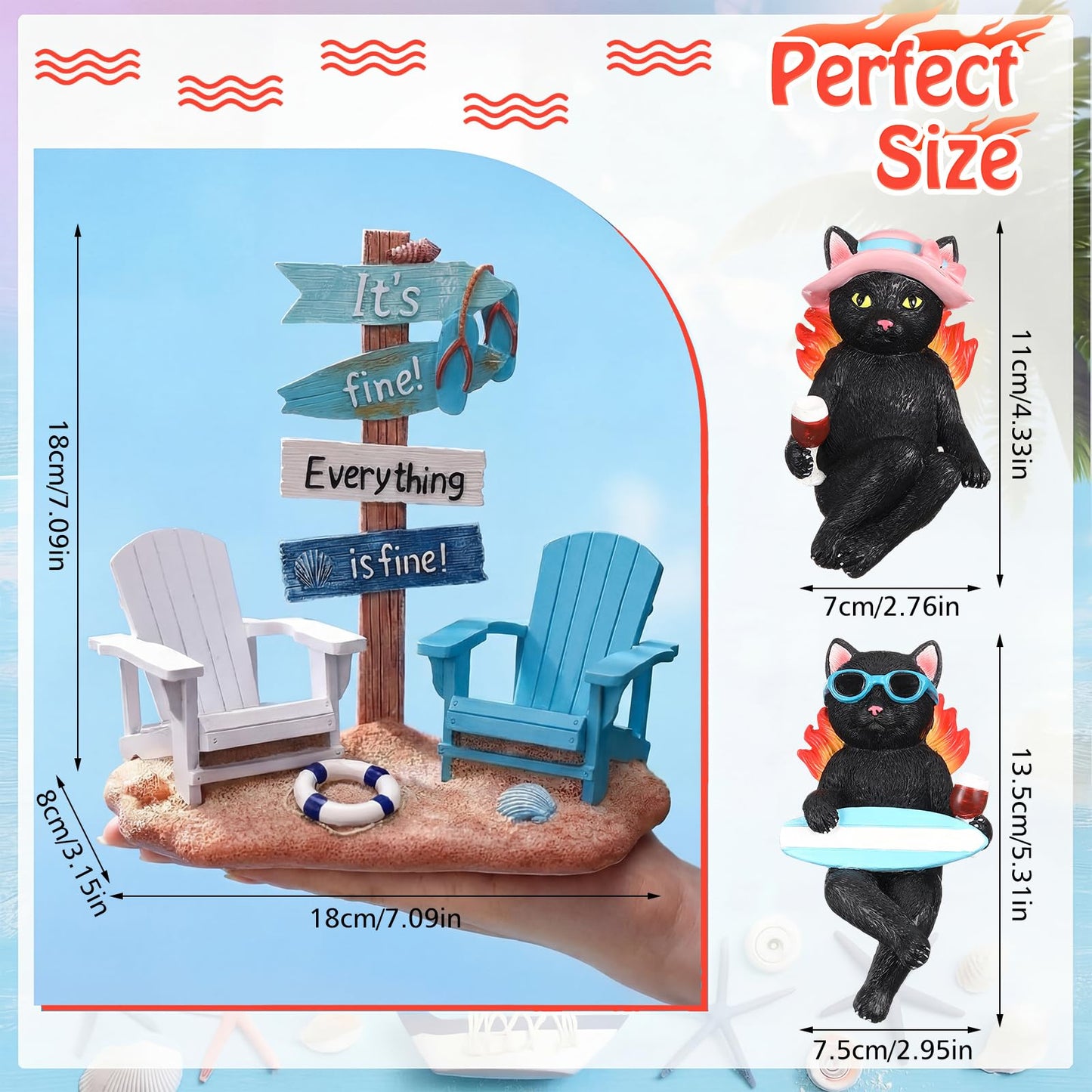 Wonderjune Beach House Decor Coastal Chair Resin with Animal Figurine Signs Ornament for Summer Beach Tropical Table Mantle Tabletop Decoration or Housewarming Birthday Gift 7x7 Inch(Cats)