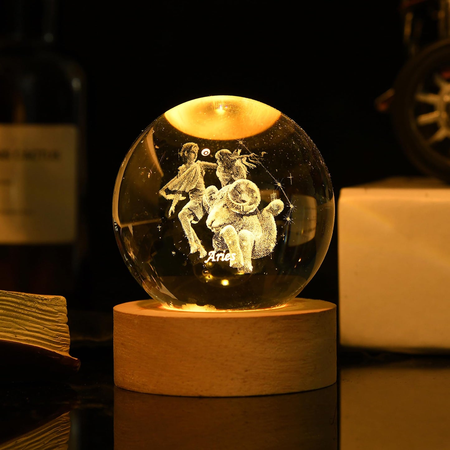QIANCHANG 3D Laser Etched Aries Crystal Ball with LED Light Stand, Constellation Decor Glass Sphere Lamp, Zodiac Astrology Birthday Gifts for Women Kids