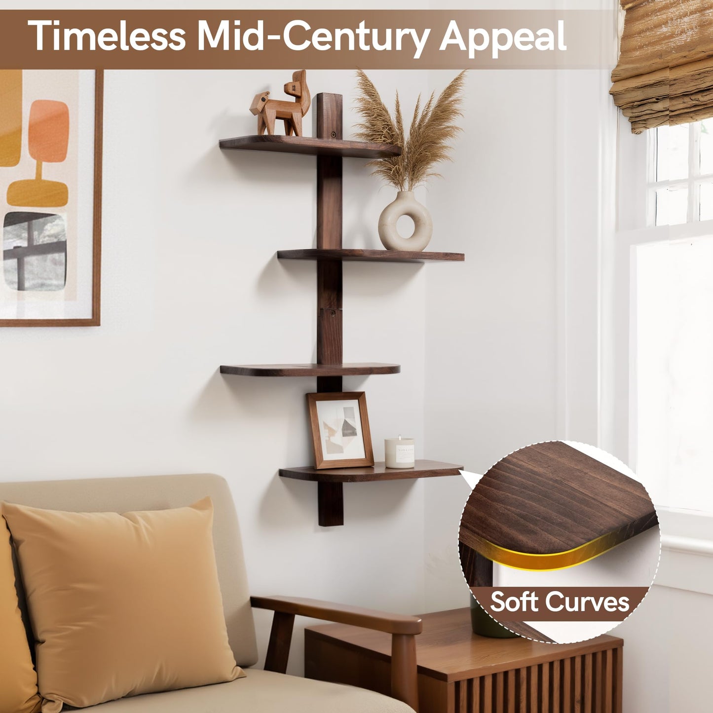 Afuly Mid Century Modern Decor Floating Shelves Walnut Display Shelf Wall Unit Solid Wood Decorative Shelving Home Decor Living Room Bedroom Coffee Bar Bathroom Plant Photo Set of 4