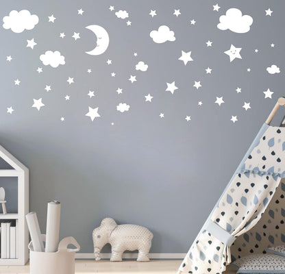 Crescent Moon Stars and Clouds Wall Decals Moon and Stars Nursery Wall Stickers Starry Sky Playroom Decor Kids Rooms Mural Kids Room Wall Art Y59 (White)