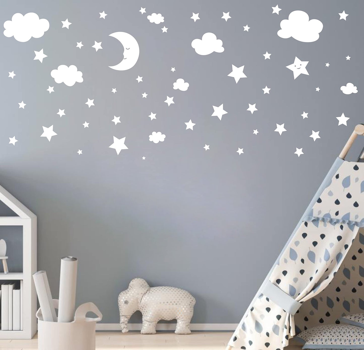 Crescent Moon Stars and Clouds Wall Decals Moon and Stars Nursery Wall Stickers Starry Sky Playroom Decor Kids Rooms Mural Kids Room Wall Art Y59 (White)