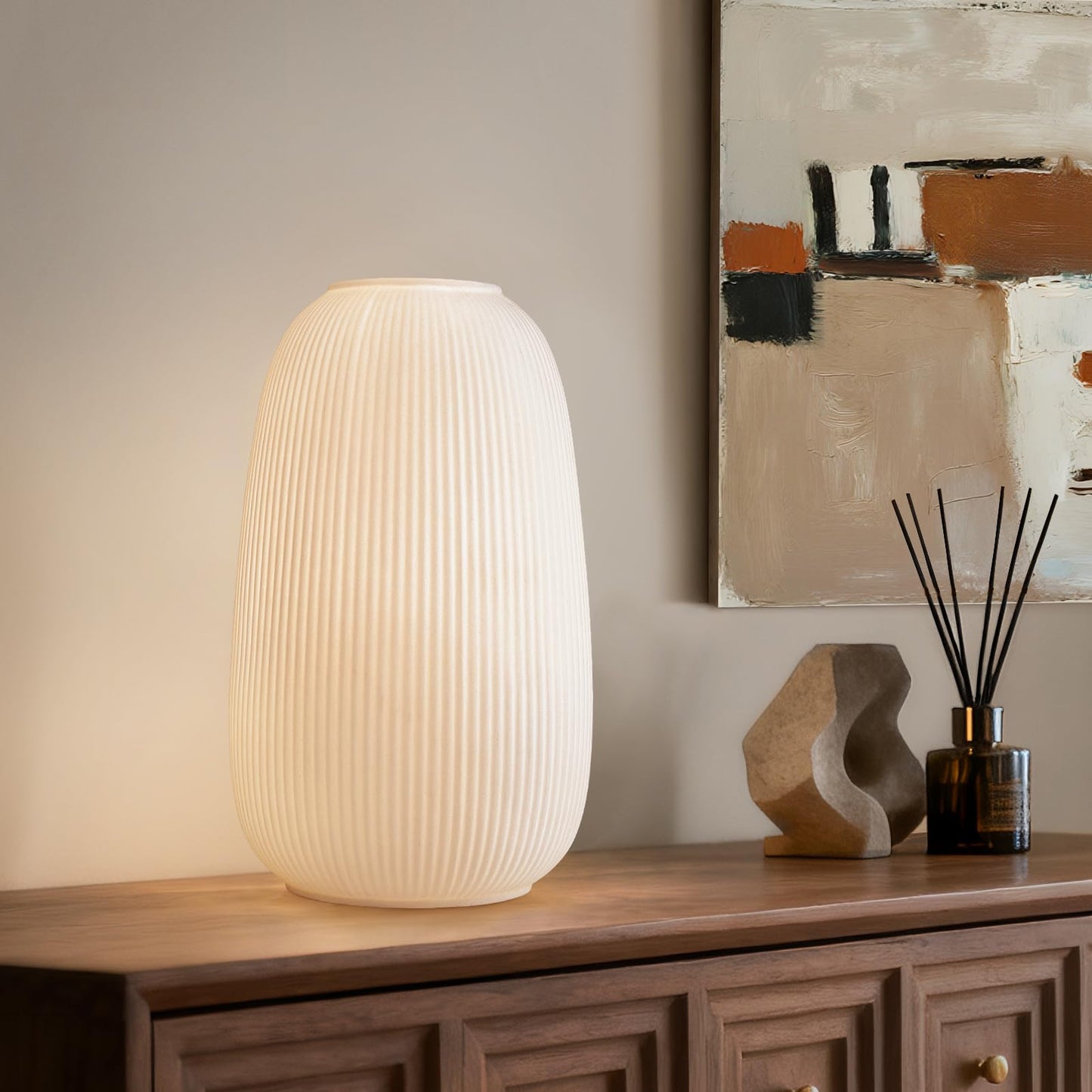 RONDURE 9.5" Modern Ceramic Table Lamp, Fully Dimmable Bedside Lamp for Bedroom Living Room Nightstand, White Translucent Ceramic Shade, Warm Ambient Decorative Corded Lighting, Bulb Included