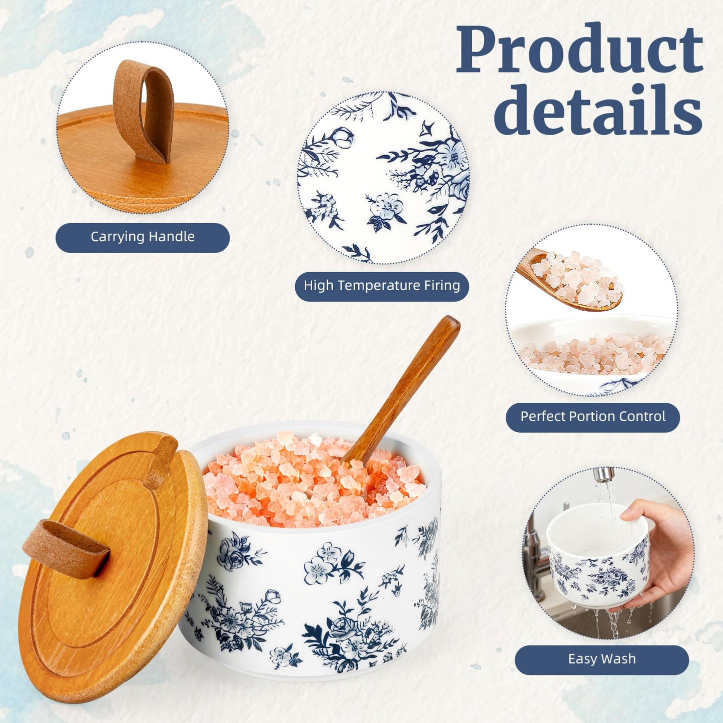 SUOWEEI Ceramics Salt Container, 7.5 oz Classical Porcelain Salt Cellar with Lid and Spoon, Pepper Bowls Seasoning Container for Countertop Kitchen