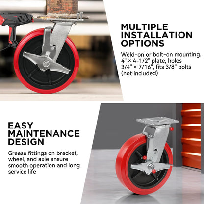 8 Inch Heavy Duty Polyurethane Casters Set of 4 (2 Brake + 2 Rigid), 8x2 Industrial Casters for Heavy-Duty Carts, Equipment Bases, Rated Load 4400 lbs Total, Locking & Straight-Line Control