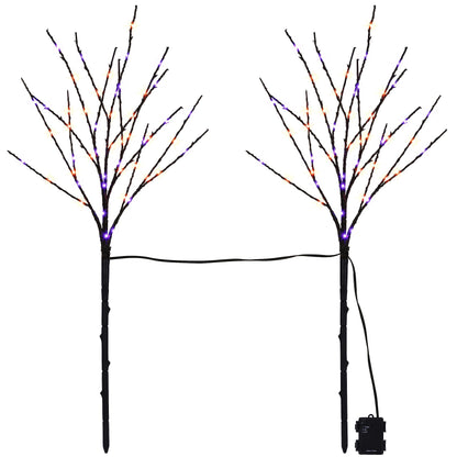 Lighted Halloween Tree Branches, 30IN 100LED Artificial Black Twig Branch with Purple&Orange Fairy Lights, Built-in Timer & Battery Operated, Waterproof for Outdoor Pathway Lawn Garden Decorations