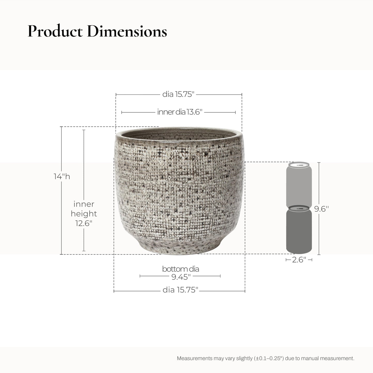 LuxenHome 15.5" Dia Round Ceramic Large Plant Pot for Outdoor Plants, Gray Grid-Pattern Glazed Ceramic Outdoor Planter Pot with Drainage Hole and Rubber Plug, Indoor Flower Pots for Home Garden Patio