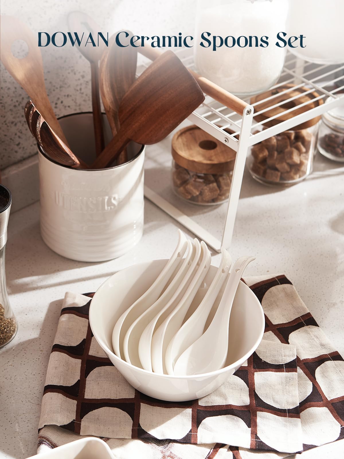 DOWAN Soup Spoons, Ceramic Asian Soup Spoons, White Japanese Spoon Large for Ramen Pho Wonton Dumpling Miso, Deep Oval Hook Design, Set of 4 (4, Soft white)