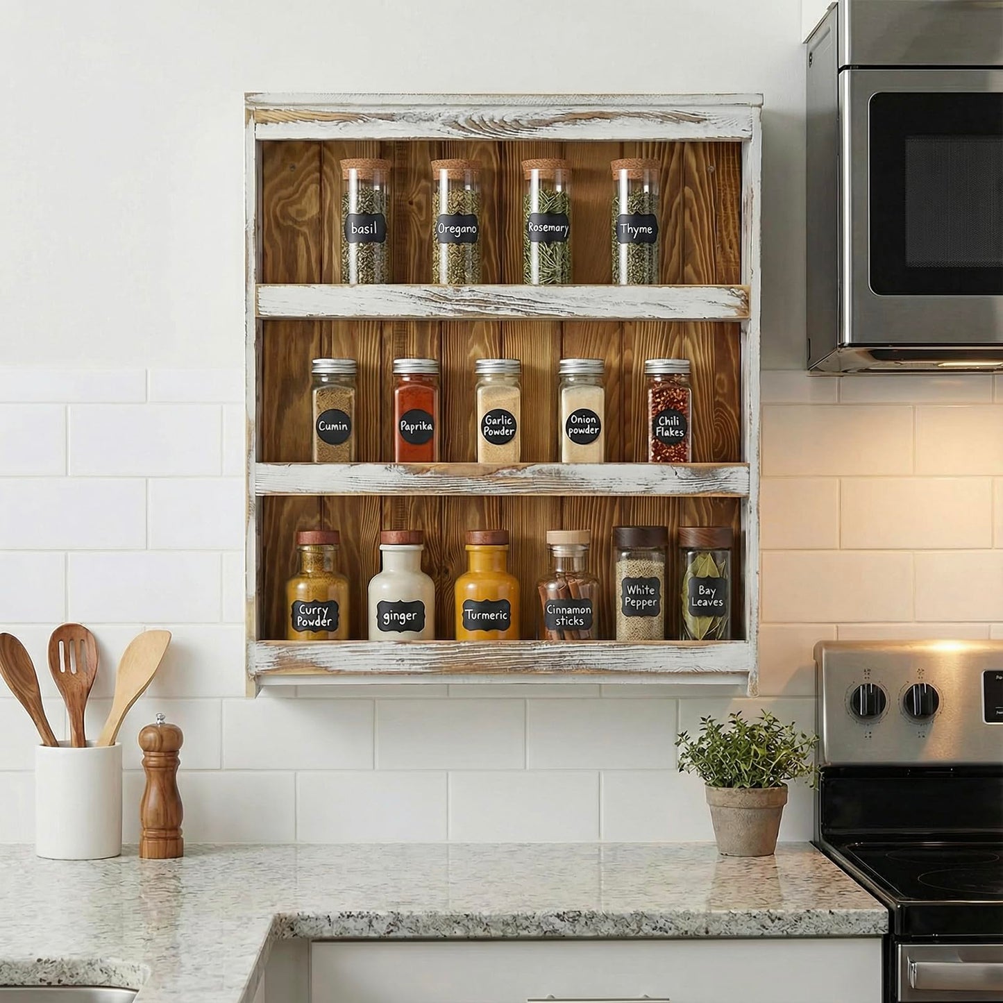 MyGift 3 Tier Spice Rack Wall Mount, Hanging Kitchen Pantry Storage Shelf for Seasoning Jars or Condiment Bottles, Shabby White Washed and Rustic Natural Burnt Solid Wood