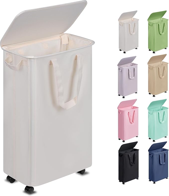 Slim Laundry Hamper with Lid and Wheels, Small Rolling Laundry Basket with