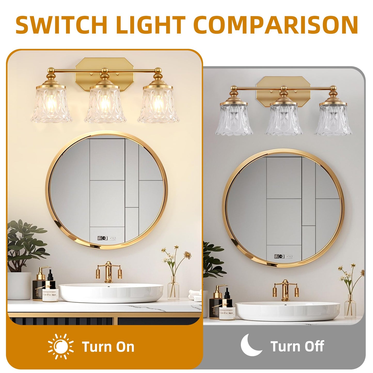 EvmVom Vintage Bathroom Vanity Light Fixtures, Gold 3-Light Vanity Light, Antique Bathroom Lighting Fixtures Over Mirror with Crystal Glass Shade, Vanity Lights for Bedroom Living Room Hallway