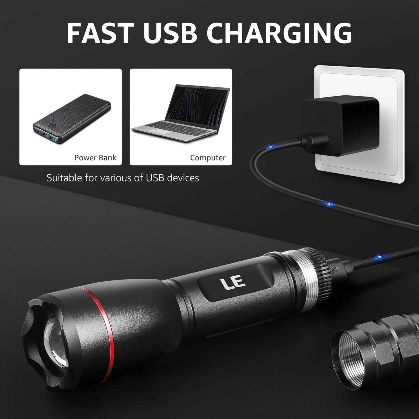 Lepro Torch Rechargeable, Torches LED Super Bright - Adjustable Focus, Long Battery Life, Waterproof 5 Lighting Modes for Camping, Hiking, Power Cuts, Emergency, Dog Walking
