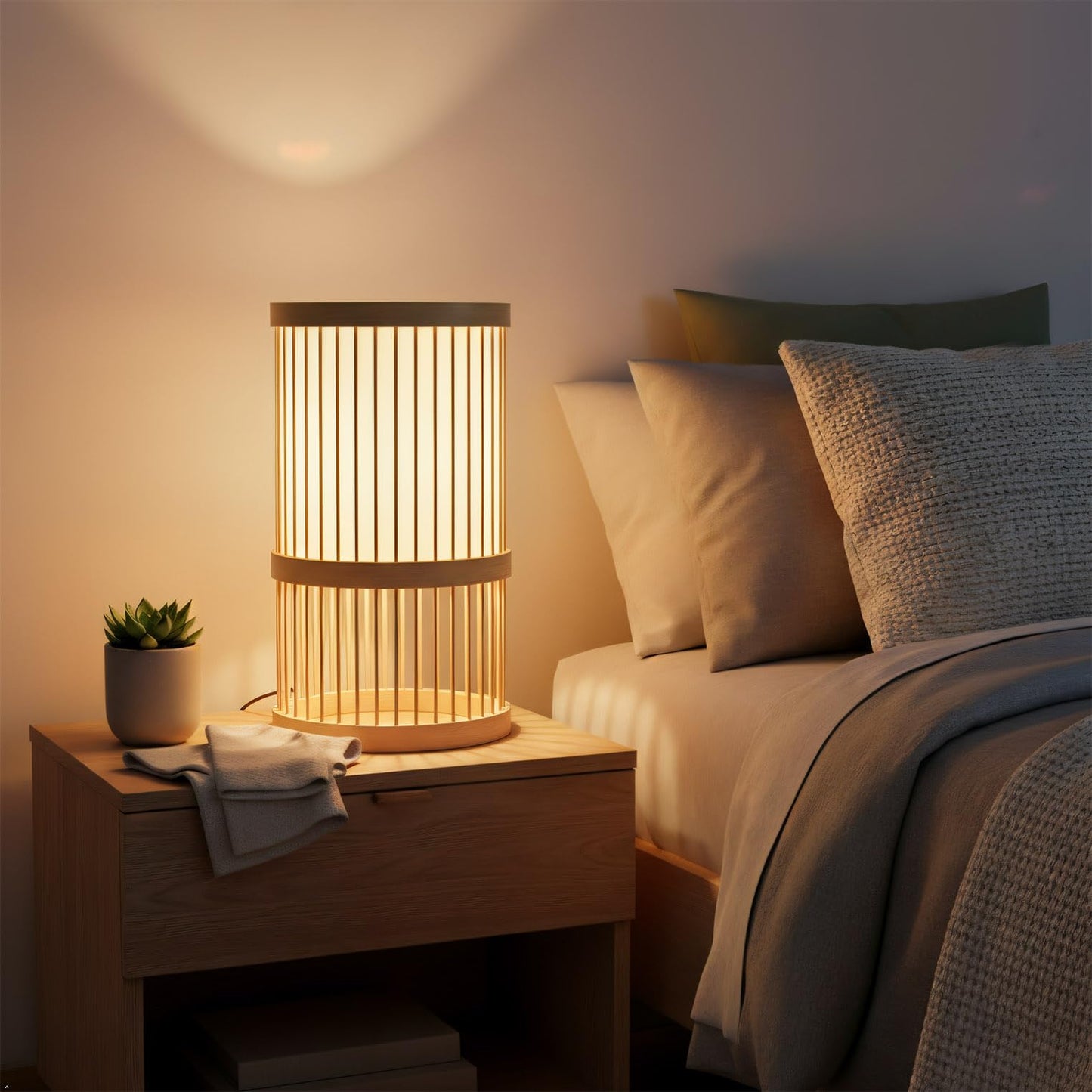 AFORTLO Table Desk Lamp,Bamboo Boho Decorative Nightstand Night Light Japanese Hollow-Out Lamp Home Decor for Bedroom,Living Room,End Table or Office with Bulb