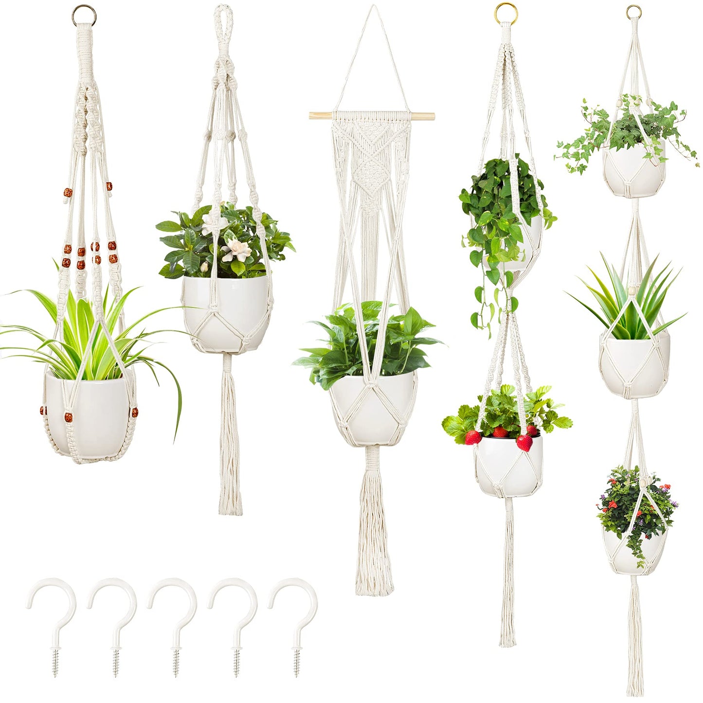 Augshy Macrame Hanging Planter, Set of 5 Plant Hanger Baskets, Handmade Flower Pot Holder for Home Indoor Outdoor Decor with 5 Pcs Ceiling Hooks(White)