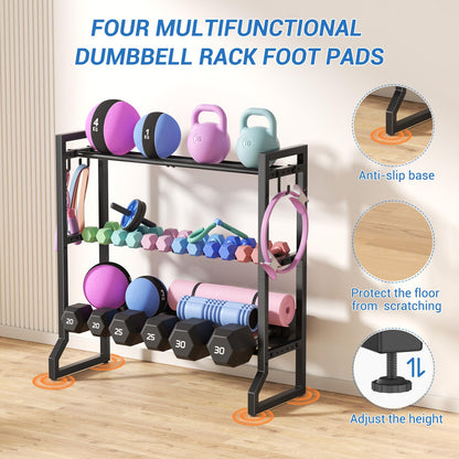 VOPEAK 3-Tier Adjustable Dumbbell Rack, 31-Inch Weight Rack for Home Gym with 4 Hooks, Home Gym Storage for Kettlebells, Space-Saving Dumbbell Stand - 400LB Capacity (Rack Only)