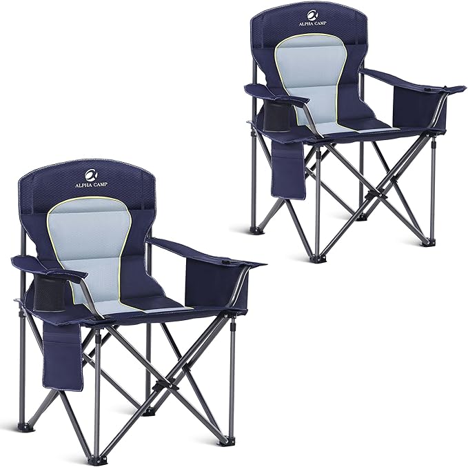 ALPHA CAMP Heavy Duty Camping Chair 500LBS Capacity, Oversized Folding Chair for Heavy People, Padded Portable Outdoor Chair with Cooler Bag & Cup Holder for Camping, Fishing, Beach