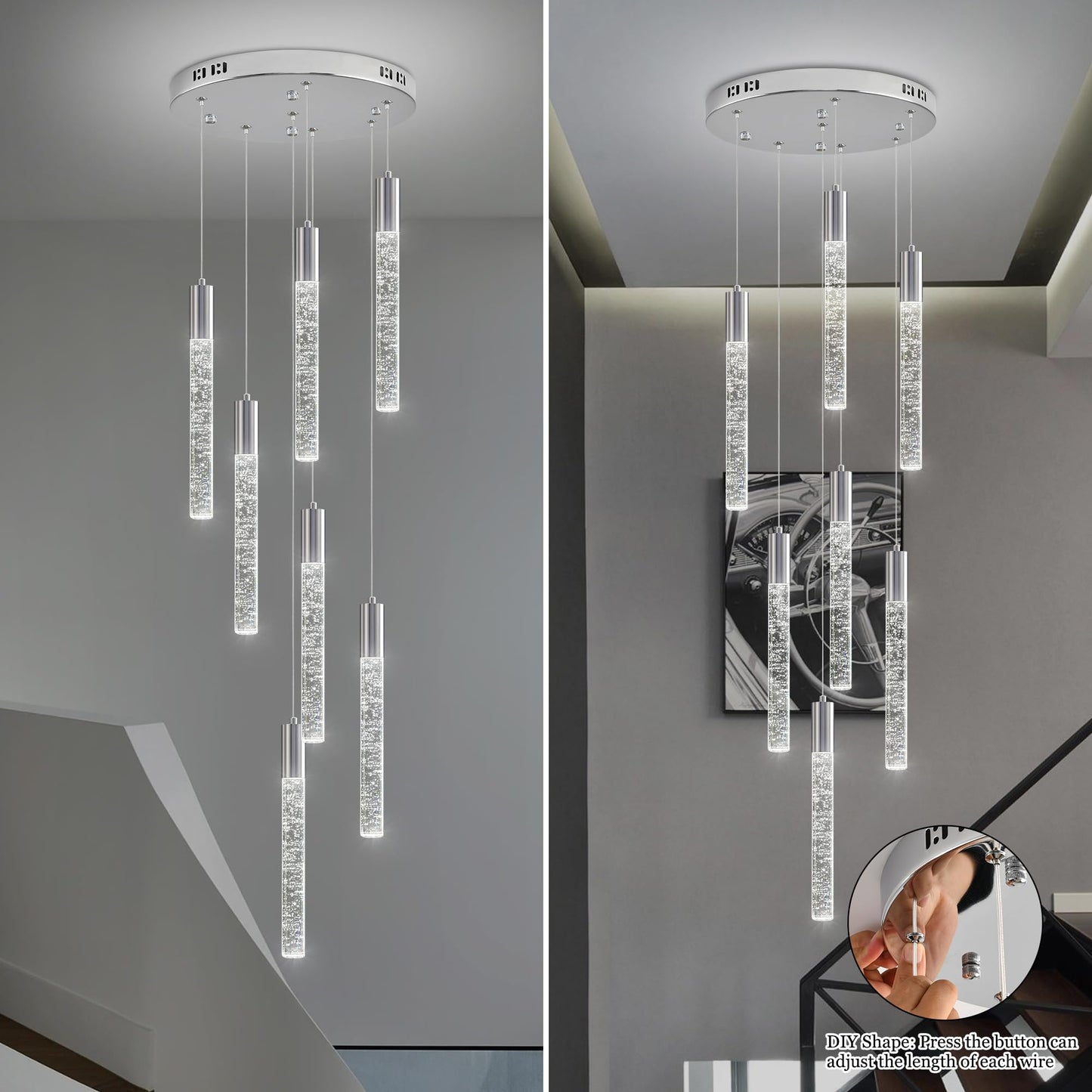 Upfelw Modern High Ceiling Crystal Chandelier 7-Lights, Spiral LED Raindrop Foyer Pendant Lighting, Bubble Staircase Living Room Hanging Light Fixture Flush Mount Chrome