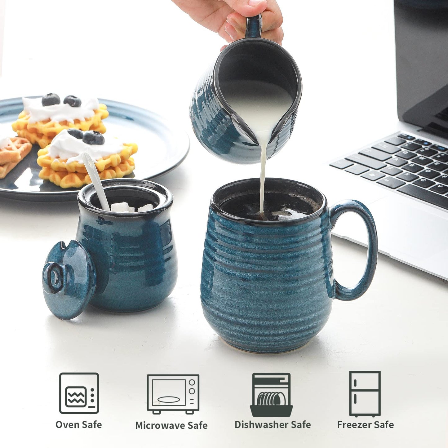 Hasense Sugar and Creamer Set, 3 Pieces with 11 Ounce Sugar Bowl with Lid and Spoon, 10 Ounce Creamer Pitcher, Ceramic Milk Pitcher and Sugar Pot for Coffee Bar, Coffee Serving Set, Navy Blue