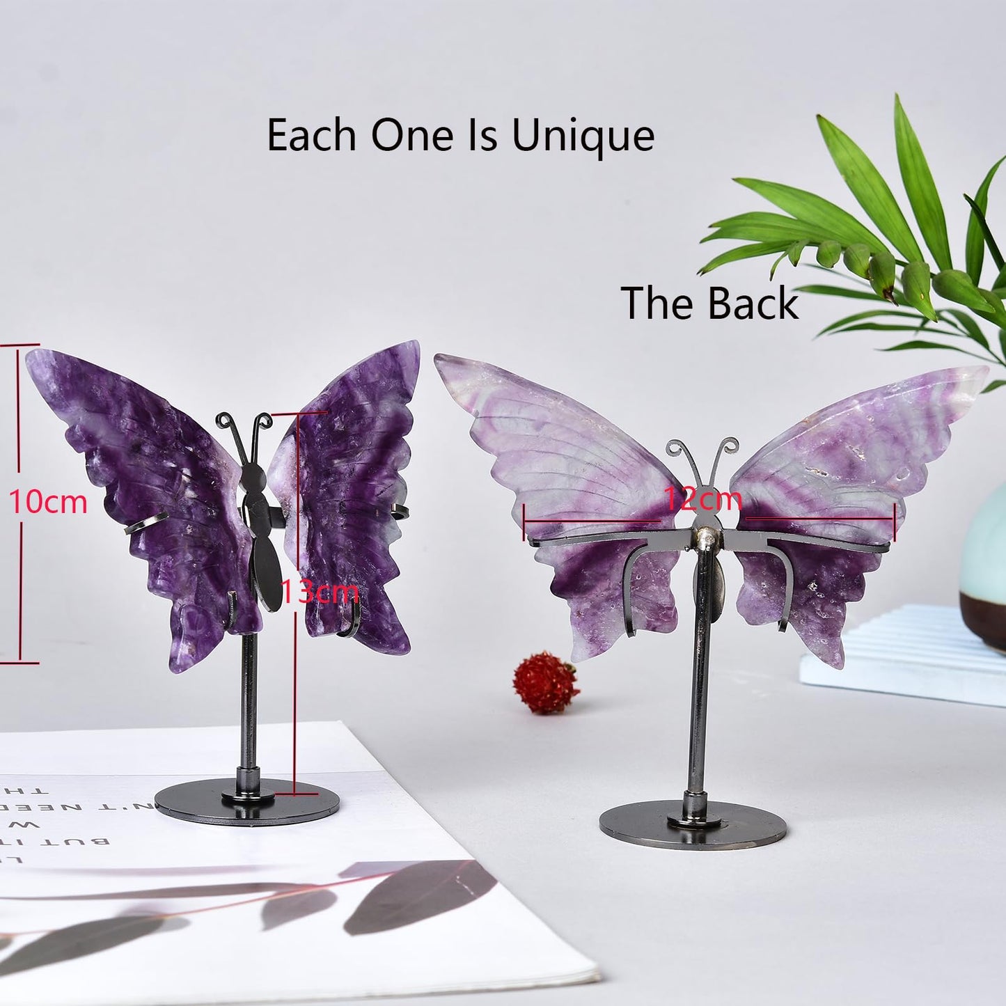 JIC Gem Purple Fluorite Crystals and Stones Crystal Butterfly Art Angel Wings Sculpture Carving,Healing Crystal Ornaments Energy Decorative Stone Reiki Gifts (1pair, 10cm)