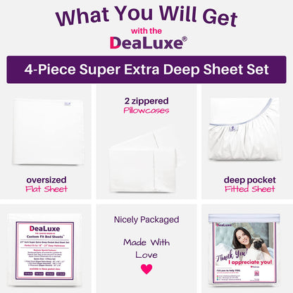 Extra Deep Pocket King Bed-Sheets – 4-Piece Includes: 18”-21” Inch Super Extra Deep Pocket Fitted Sheet – Oversize Flat Sheet – 2 Zipper Closure Pillowcases – Perfectly Fit – King Size – Bright White