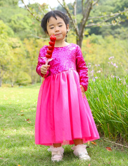 Cilucu Flower Girl Sequin Baby Toddler Long Sleeve Dress Tutu Kids Party Birthday Christmas New Year Dress Hot Pink 2T-3T