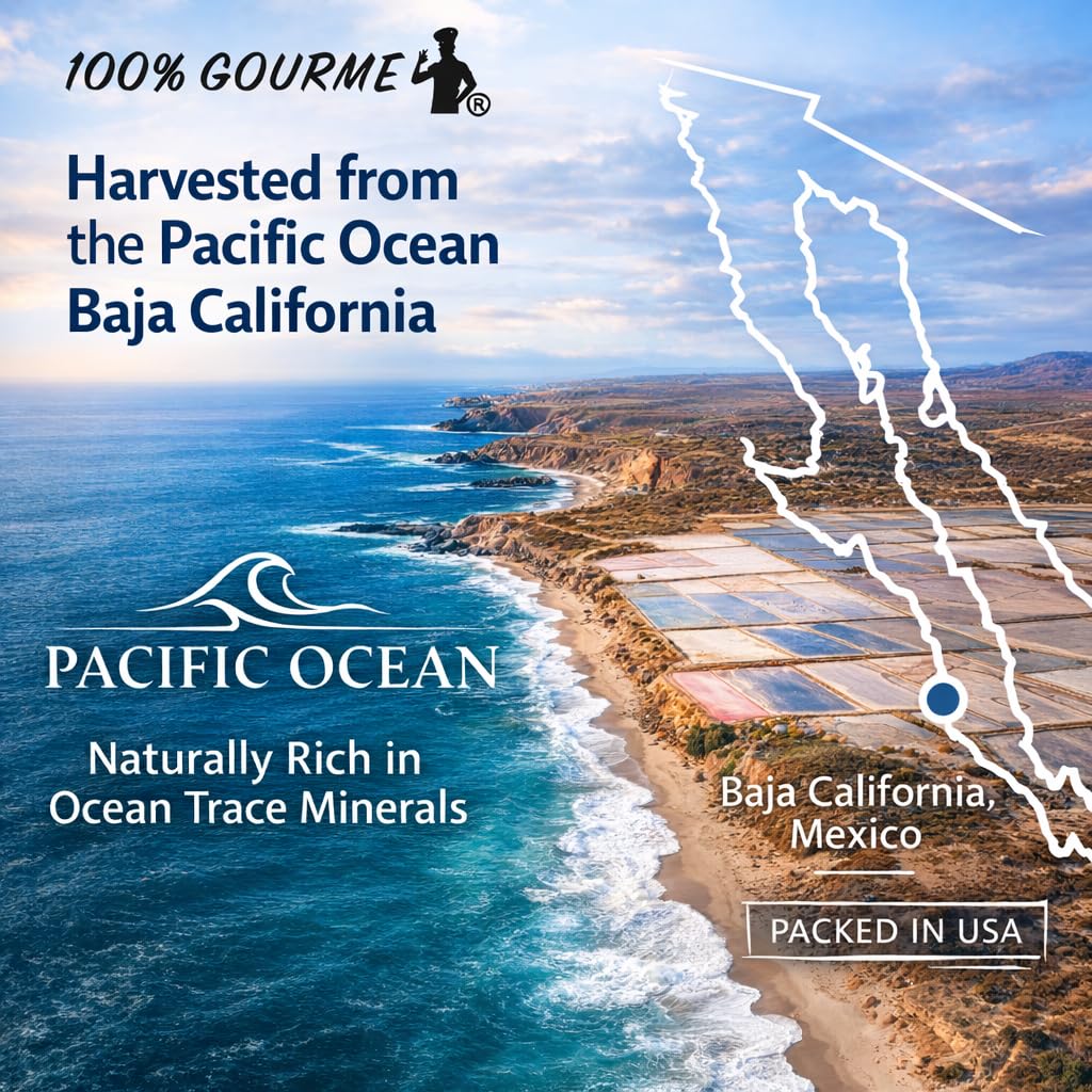 100% Gourmet Baja California Sea Salt Grinder (6 oz) – Pacific Ocean Mineral Salt – Natural & Unrefined – Coarse Sea Salt for Cooking, Seafood & Finishing – Refillable Glass Grinder