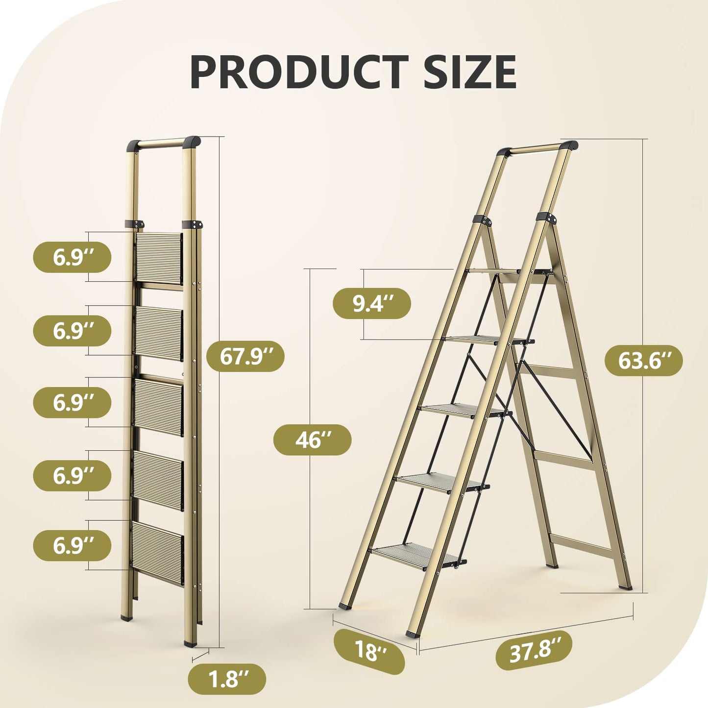 WOA WOA 5 Step Ladder, Ladders for Home, Anti-Slip Pedals, Aluminum Step Stool Foldable, Lightweight to Move, Ease of Storage, Reach 10ft for Closet Kitchen Library, Hold 300lbs - Gold