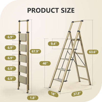 WOA WOA 5 Step Ladder, Ladders for Home, Anti-Slip Pedals, Aluminum Step Stool Foldable, Lightweight to Move, Ease of Storage, Reach 10ft for Closet Kitchen Library, Hold 300lbs - Gold