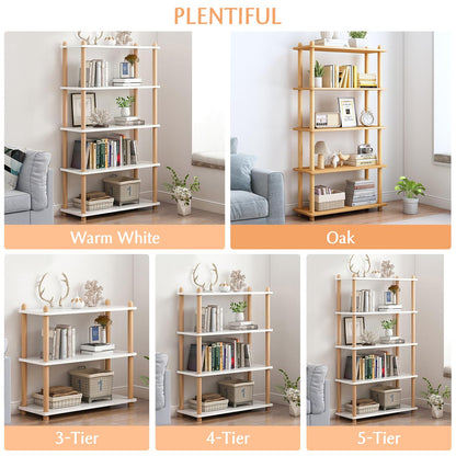 IOTXY 5-Tier Wooden Shelf Bookcase - Modern Open Bookshelf, Free Standing Storage Rack, Multifunctional Display Stand for Home and Office, Oak, Rectangle