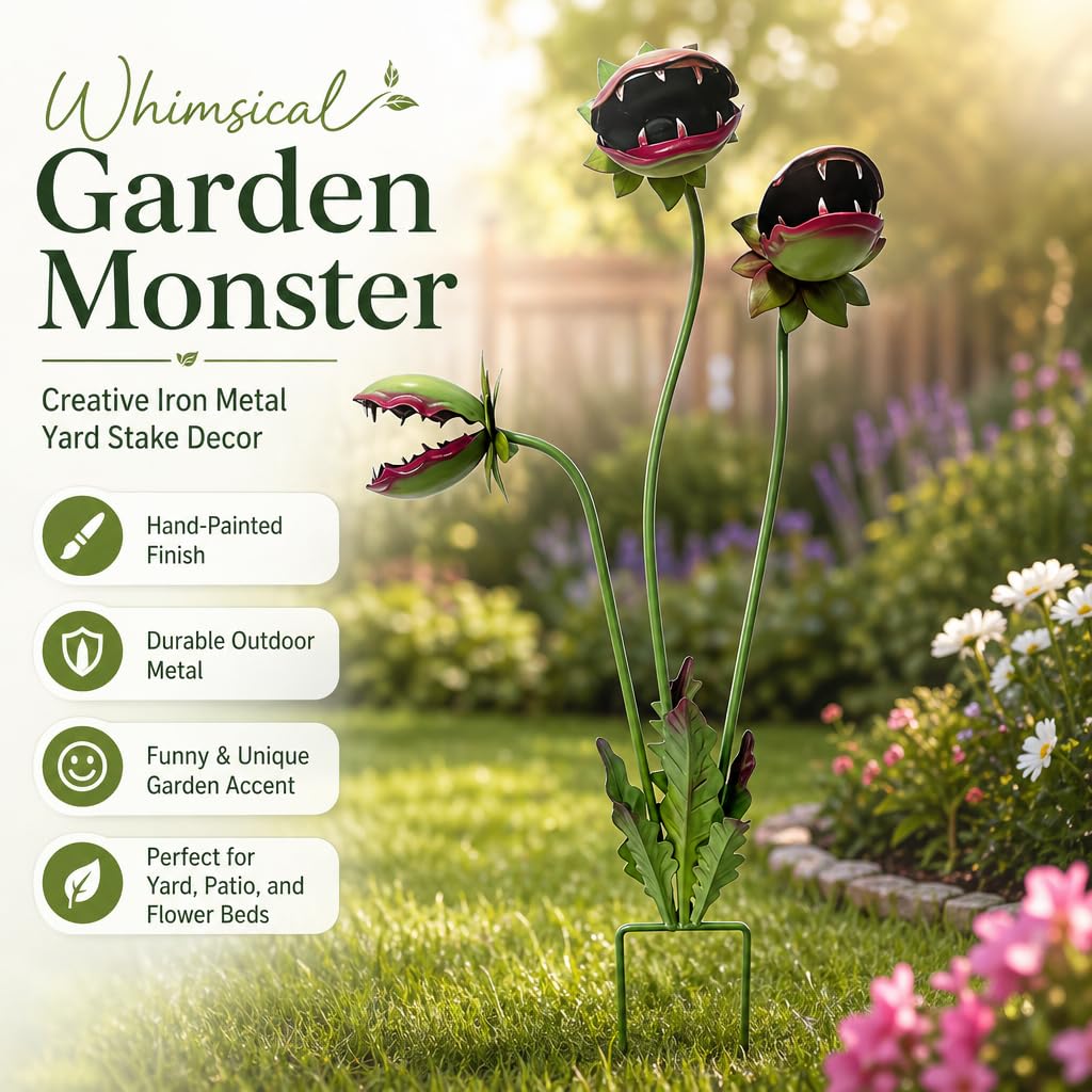 Bluethy Whimsical Metal Carnivorous Plant Garden Stake, Large 25-Inch Monster Venus Flytrap Plant Sculpture, Sturdy Yard Art for Patios, Flower Beds & Planters, a Quirky Unique Garden Gift (A)