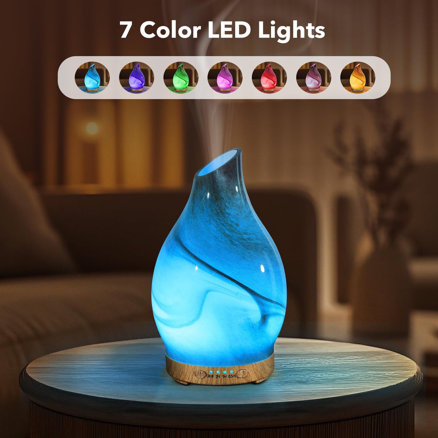 120ML Essential Oil Diffuser, 3D Glass Aromatherapy Diffuser with Auto Shut-Off and 7 Color LED Lights, Ultrasonic Mist Humidifier with 4 Timer for Home Office Bedroom (3D Fireworks)