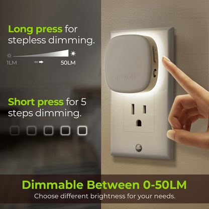 AUVON Plug-in LED Backlit Night Light with Motion Sensor & Dusk to Dawn Sensor, Dimmable Amber Nightlight with 1-50 lm Adjustable Brightness for Bedroom, Bathroom, Stairs, Hallway (4 Pack)