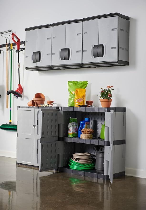Rubbermaid Freestanding Storage Cabinet with Doors 18"D x 36"W x 37"H Medium Gray/Black Two-Shelf Lockable Cabinet for Indoor/Outdoor/Garage Storage for Garden Tools/Lawn Care Accessories