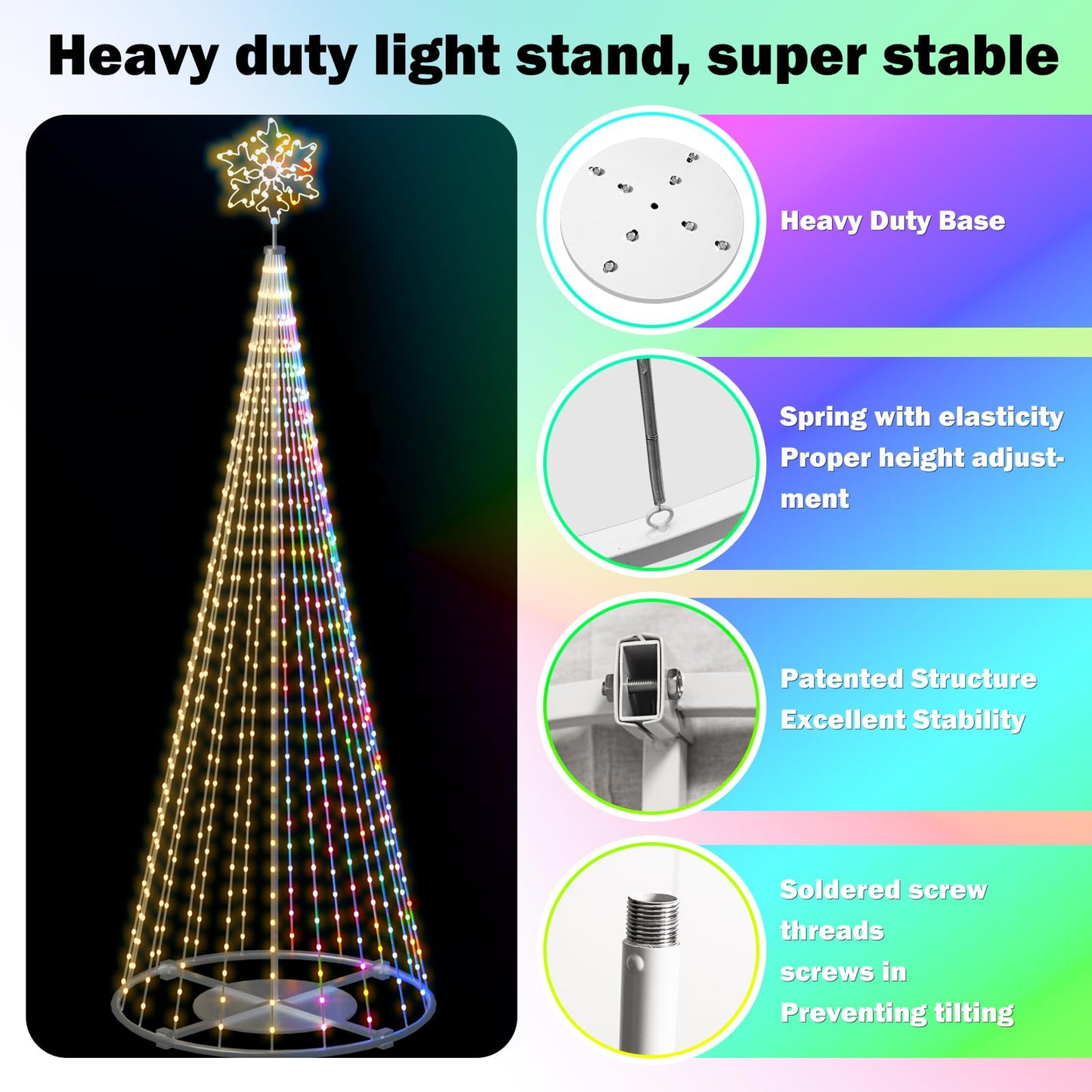 Mengstart Outdoor Lighting Christmas Tree Light for Yard, 12FT Smart Led Cone Outside Xmas Tree Light Show with 648 Lights Color Changing Sync Musical APP Control, Flag Pole Christmas Tree Kit