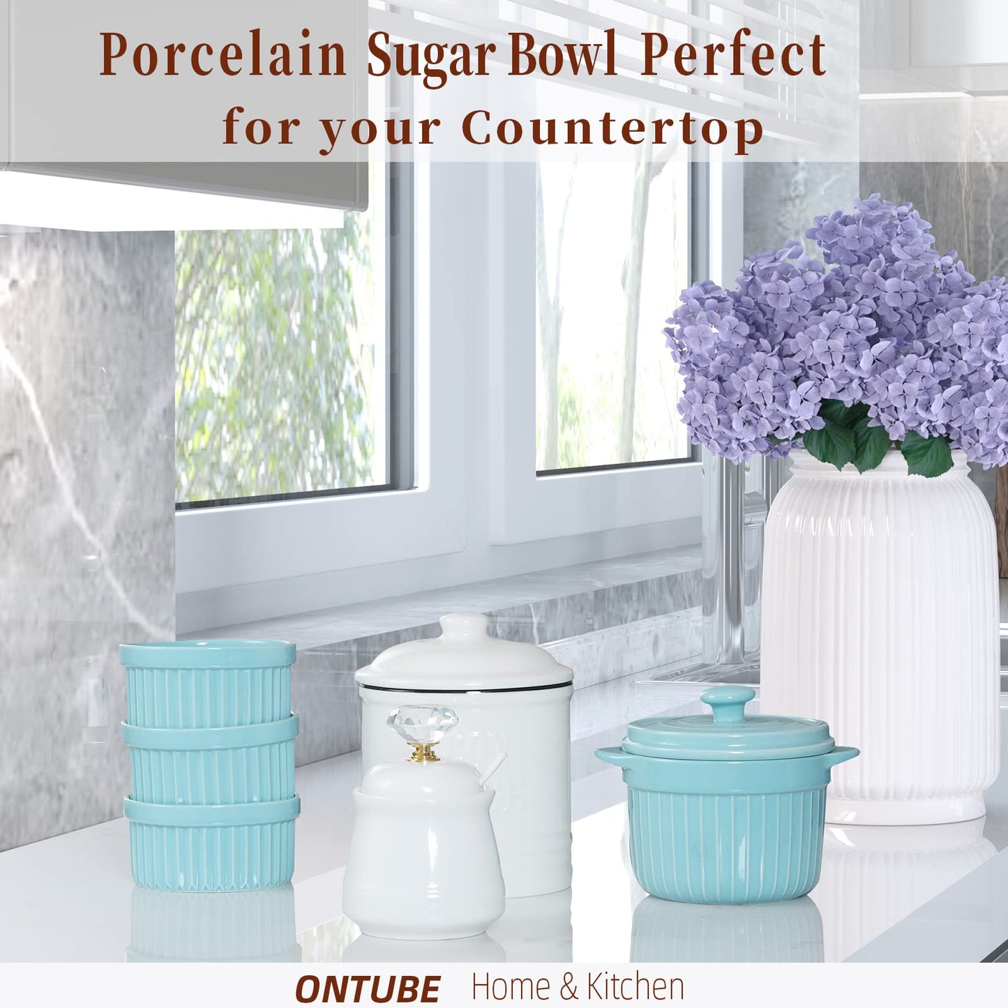 ONTUBE Ceramics Sugar Bowl with Crystal Lid and Spoon 12oz, Gold