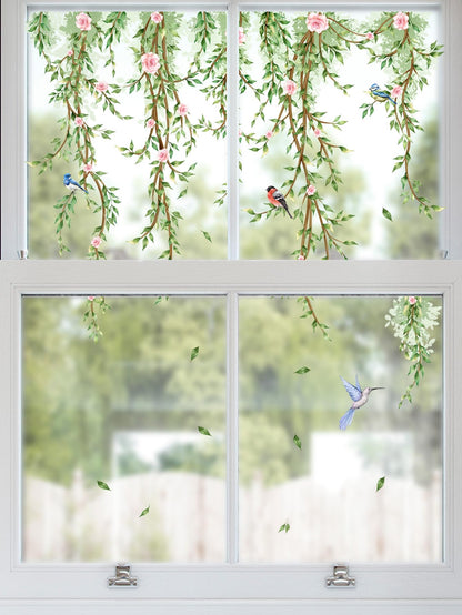 Hanging Vine Wall Stickers - Bird Green Leaves Flowers Decal Peel and Stick Removable Wall Art for Bedroom Living Room Nursery Window Glass Home Decor,30.5 cm x 50.5 cm